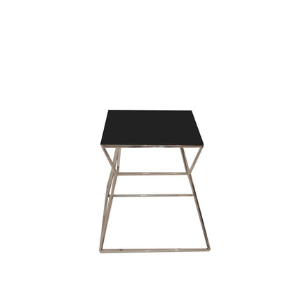 Benjara Lio 18 Inch Side End Table, Black Glass Top, Silver Open Hourglass Frame