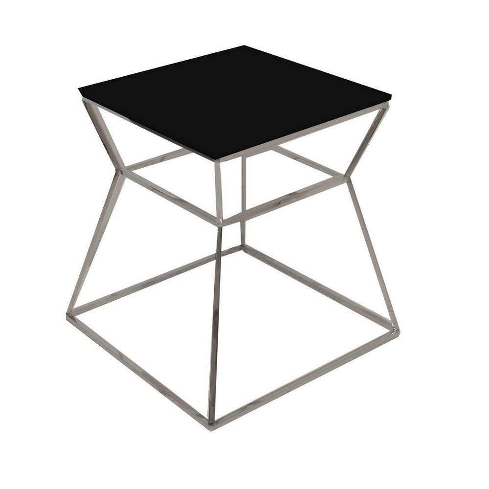 Benjara Lio 18 Inch Side End Table, Black Glass Top, Silver Open Hourglass Frame