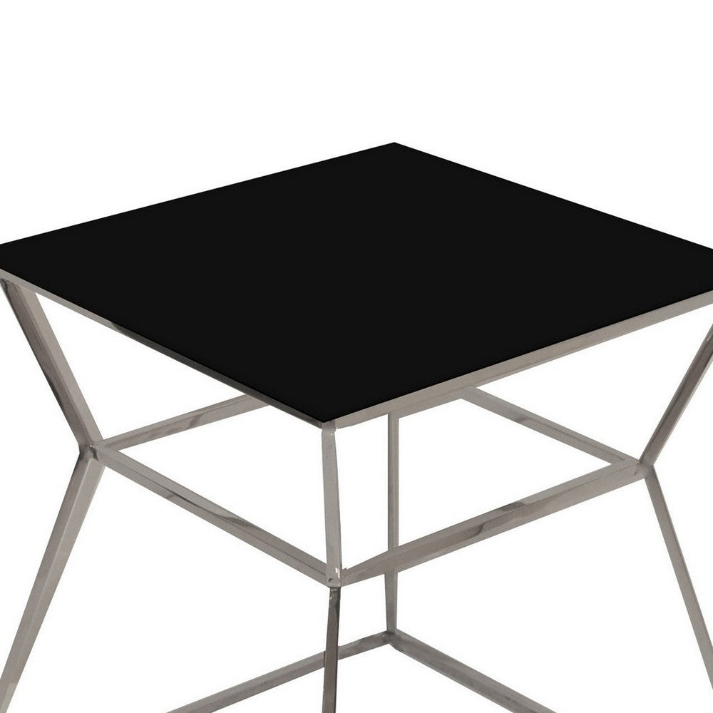 Benjara Lio 18 Inch Side End Table, Black Glass Top, Silver Open Hourglass Frame