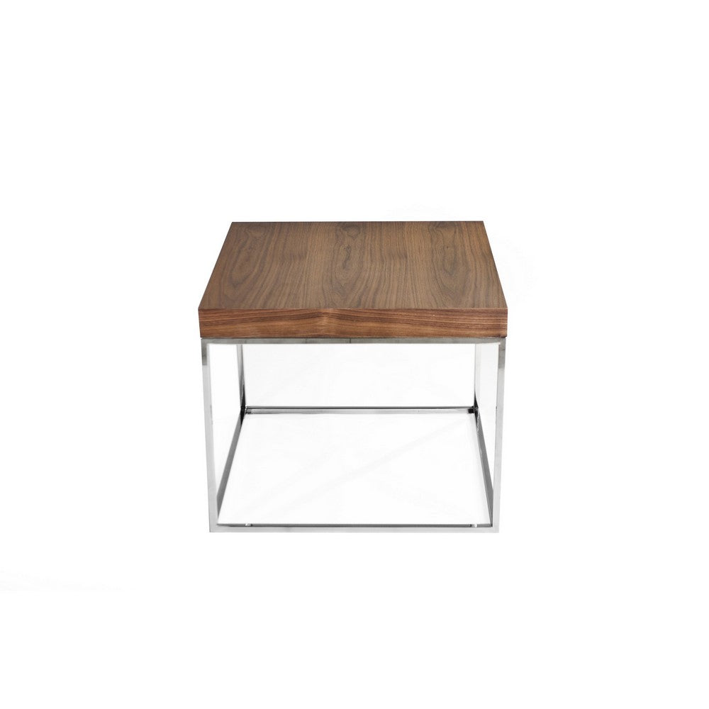 Benjara Zen 24 Inch Side End Table, Square, Brown Wood Top, Chrome Steel Frame