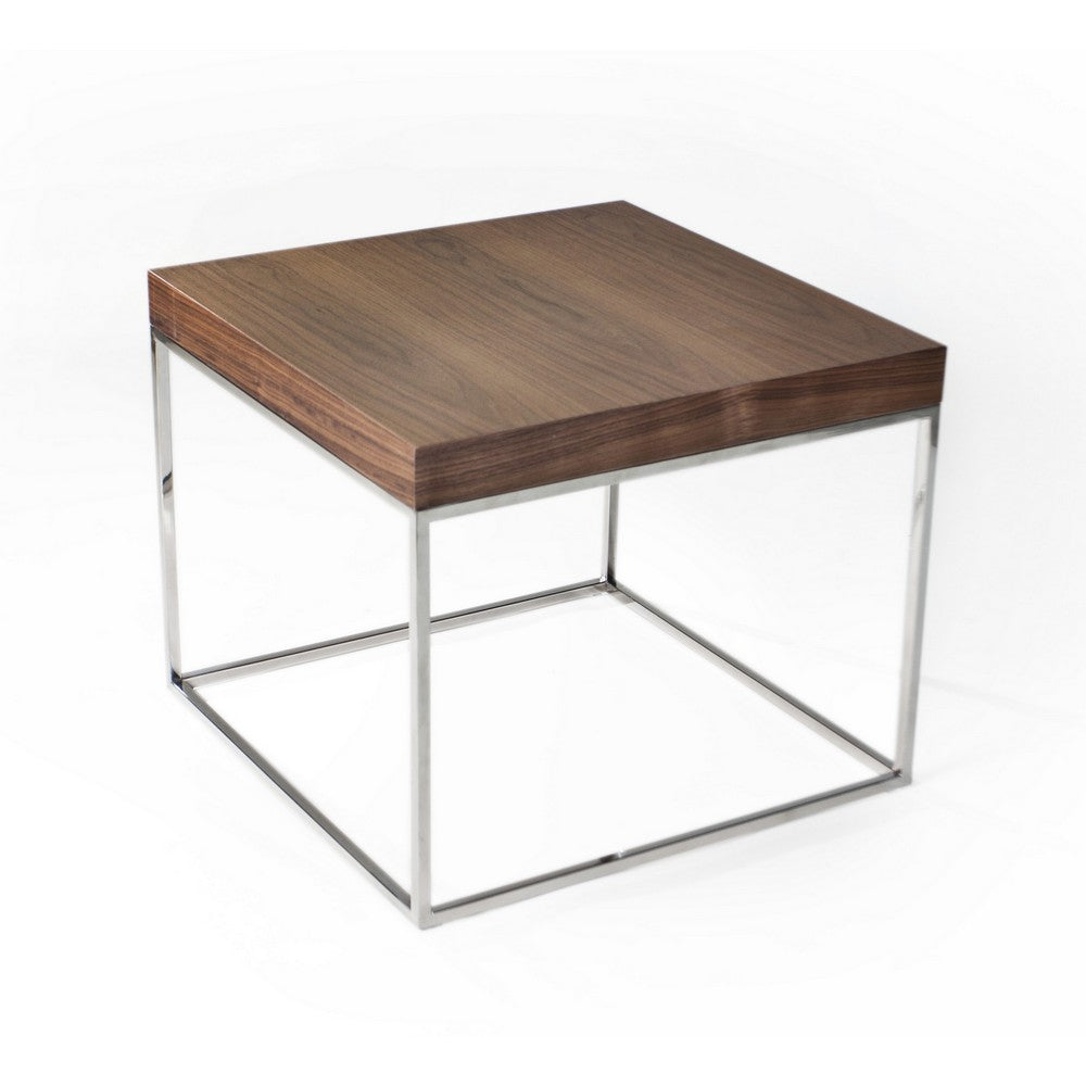 Benjara Zen 24 Inch Side End Table, Square, Brown Wood Top, Chrome Steel Frame