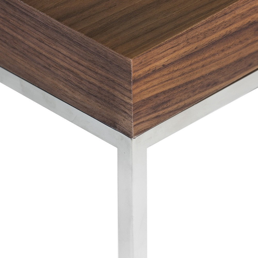 Benjara Zen 24 Inch Side End Table, Square, Brown Wood Top, Chrome Steel Frame