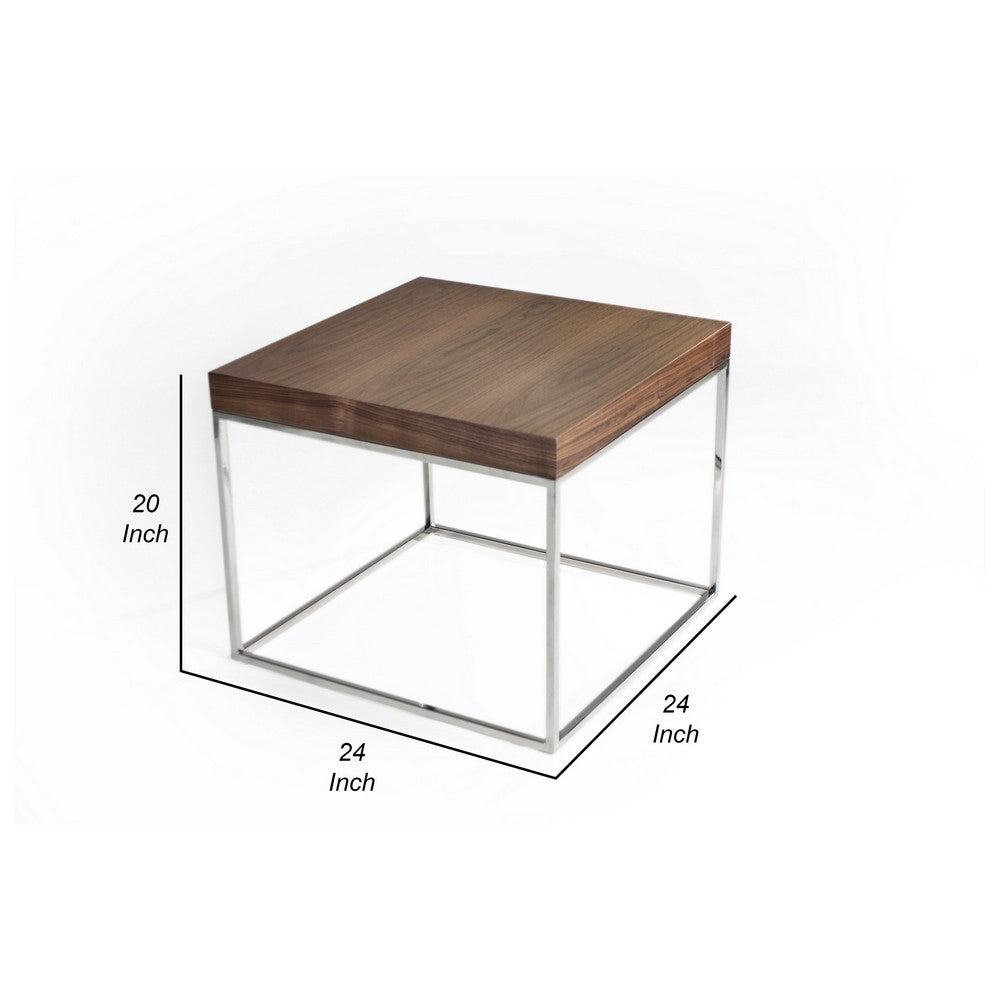 Benjara Zen 24 Inch Side End Table, Square, Brown Wood Top, Chrome Steel Frame