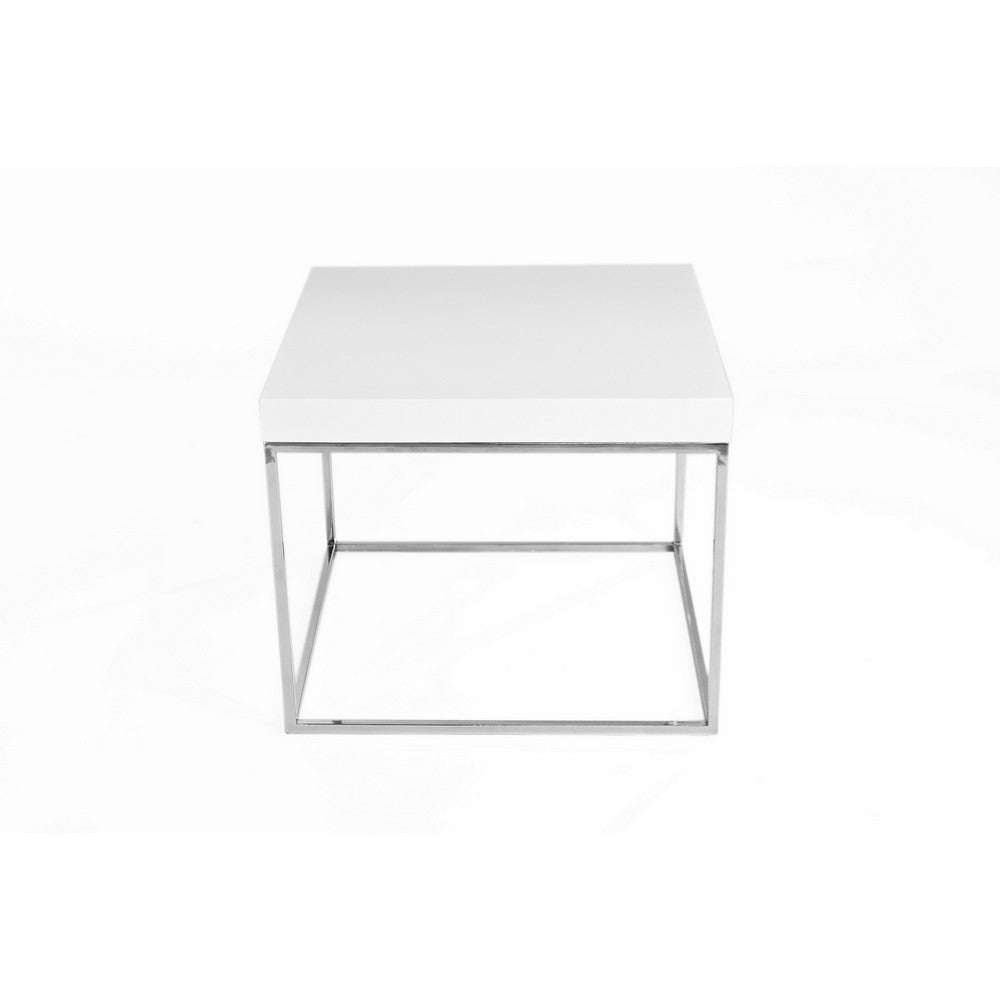 Benjara Zen 24 Inch Side End Table, Square, White Lacquer Top, Chrome Steel Frame
