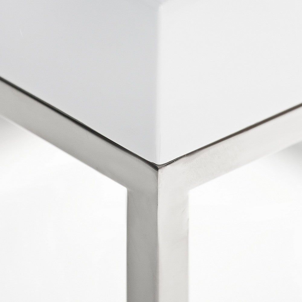 Benjara Zen 24 Inch Side End Table, Square, White Lacquer Top, Chrome Steel Frame