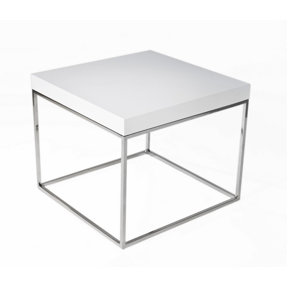 Benjara Zen 24 Inch Side End Table, Square, White Lacquer Top, Chrome Steel Frame