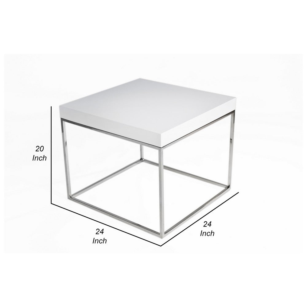 Benjara Zen 24 Inch Side End Table, Square, White Lacquer Top, Chrome Steel Frame