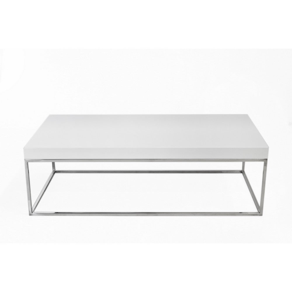 Benjara Zen 48 Inch Coffee Table, Rectangular White Lacquer Top, Chrome Steel Frame