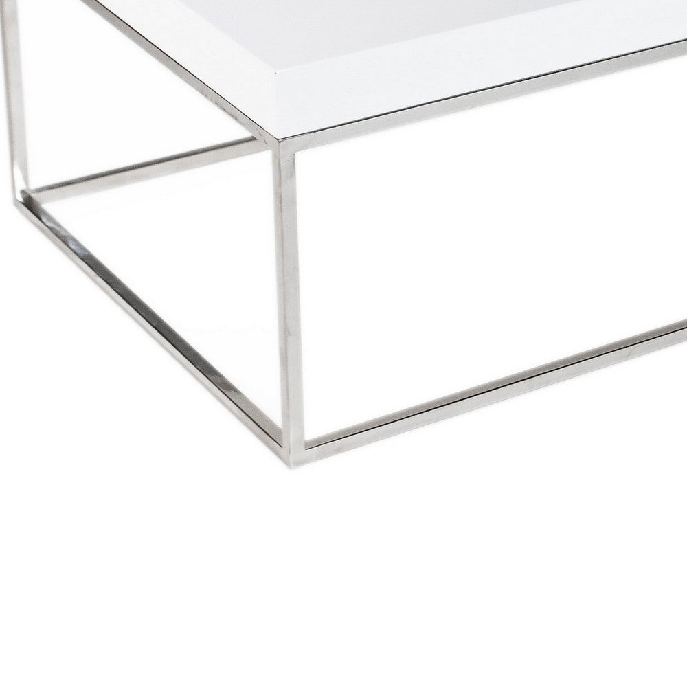Benjara Zen 48 Inch Coffee Table, Rectangular White Lacquer Top, Chrome Steel Frame