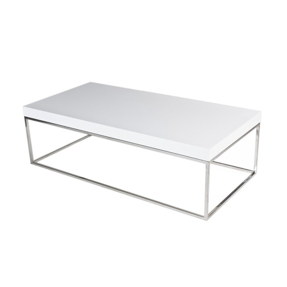 Benjara Zen 48 Inch Coffee Table, Rectangular White Lacquer Top, Chrome Steel Frame