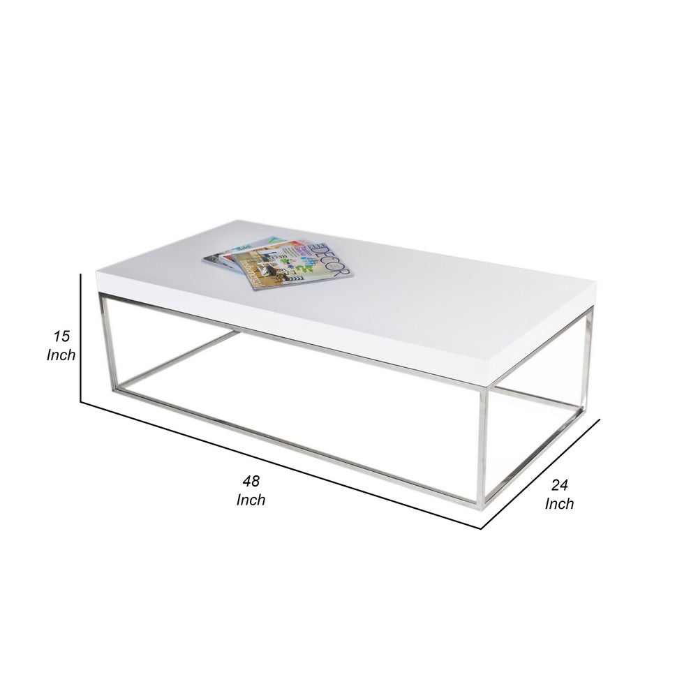 Benjara Zen 48 Inch Coffee Table, Rectangular White Lacquer Top, Chrome Steel Frame