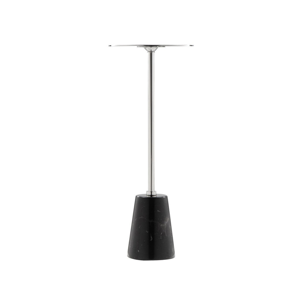 Benjara Sen 21 Inch Drink Side End Table, Chrome Round Top, Black Marble Cone Base
