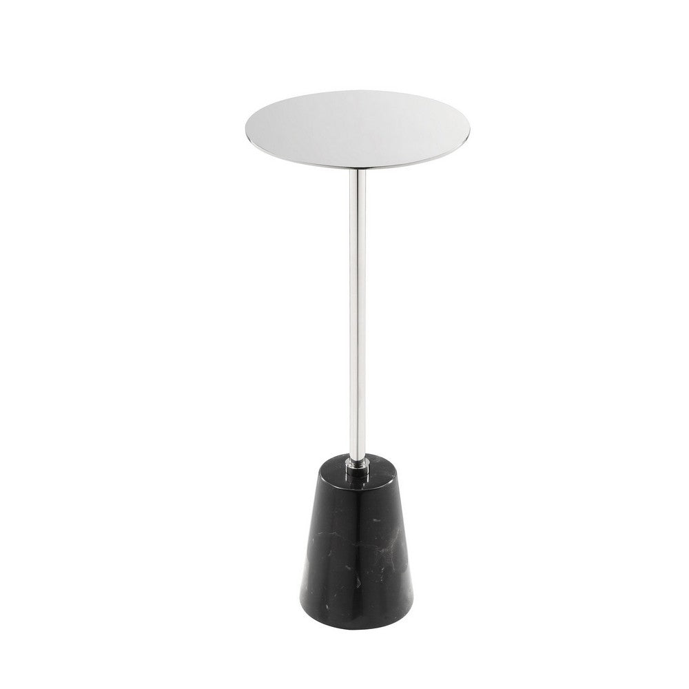 Benjara Sen 21 Inch Drink Side End Table, Chrome Round Top, Black Marble Cone Base