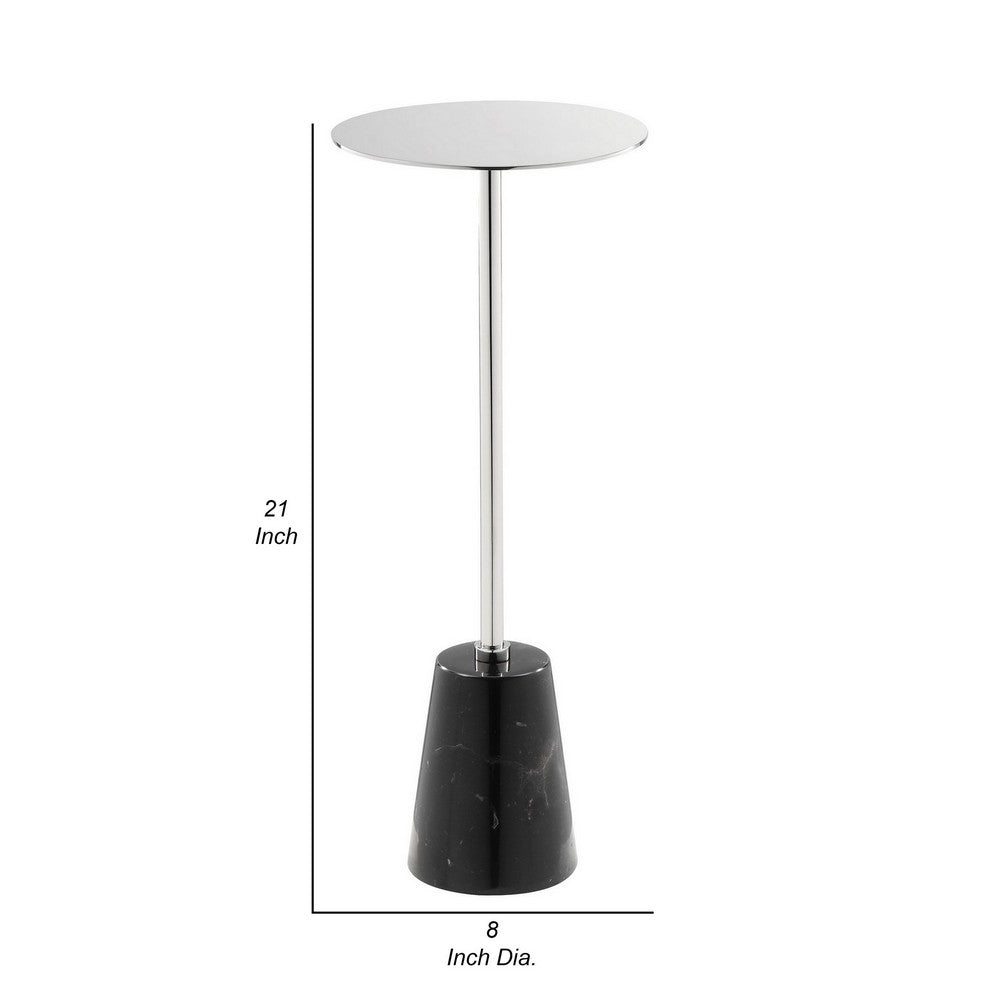 Benjara Sen 21 Inch Drink Side End Table, Chrome Round Top, Black Marble Cone Base