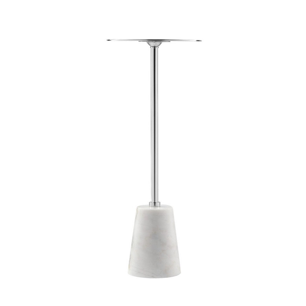Benjara Sen 21 Inch Drink Side End Table, Cone White Marble Base, Chrome Metal Top