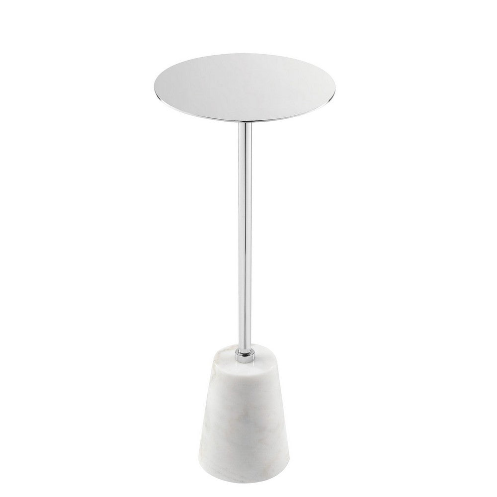 Benjara Sen 21 Inch Drink Side End Table, Cone White Marble Base, Chrome Metal Top