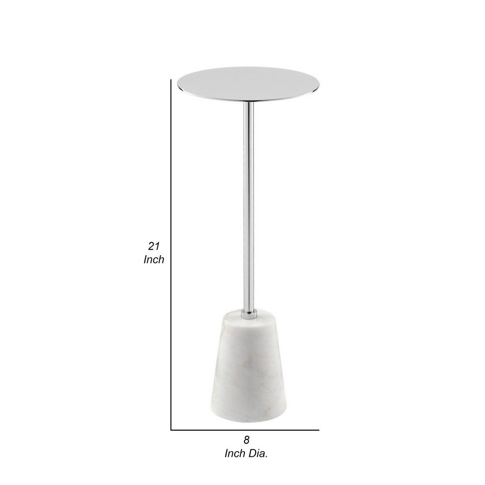 Benjara Sen 21 Inch Drink Side End Table, Cone White Marble Base, Chrome Metal Top