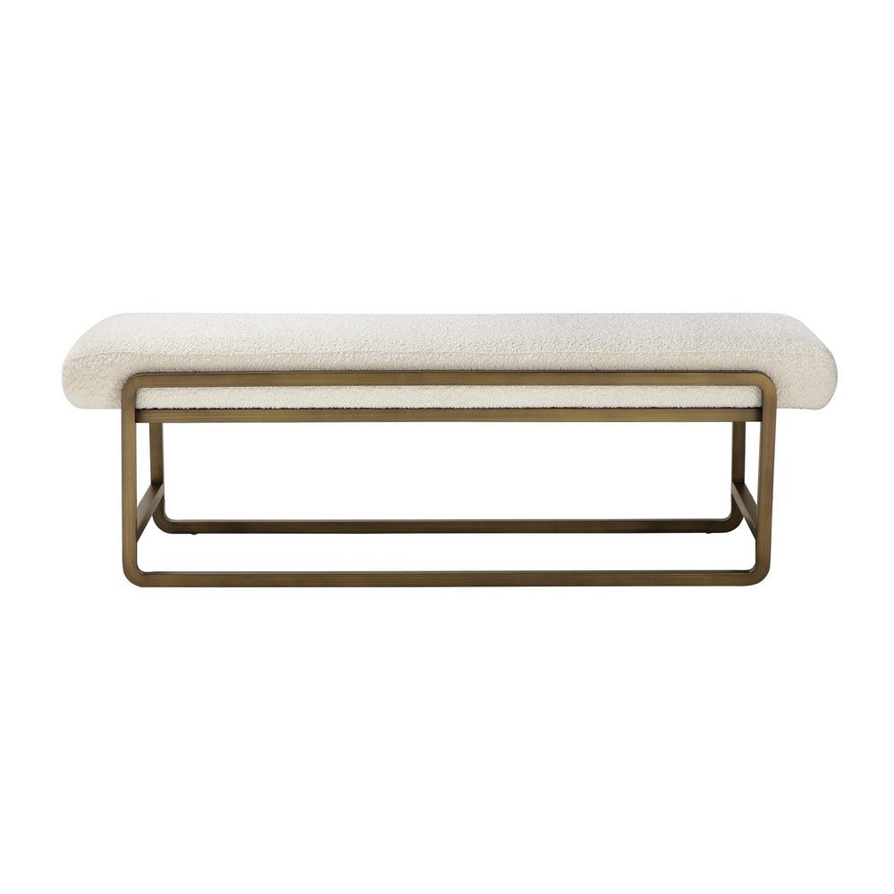 Benjara Loer 54 Inch Modern Accent Bench, Ivory Boucle Upholstery, Sled Brass Legs