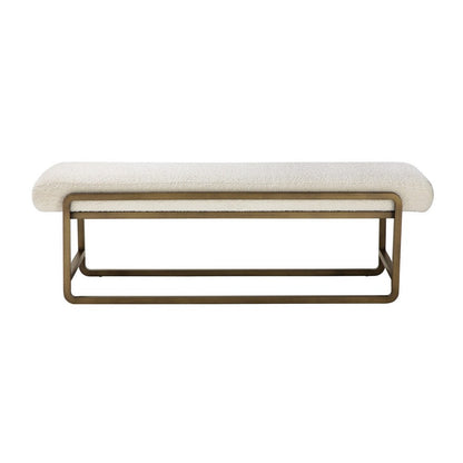 Benjara Loer 54 Inch Modern Accent Bench, Ivory Boucle Upholstery, Sled Brass Legs