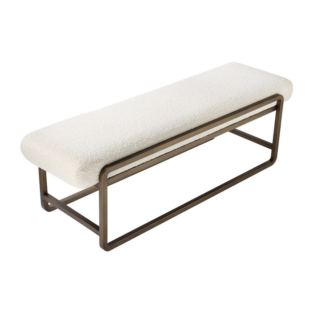 Benjara Loer 54 Inch Modern Accent Bench, Ivory Boucle Upholstery, Sled Brass Legs