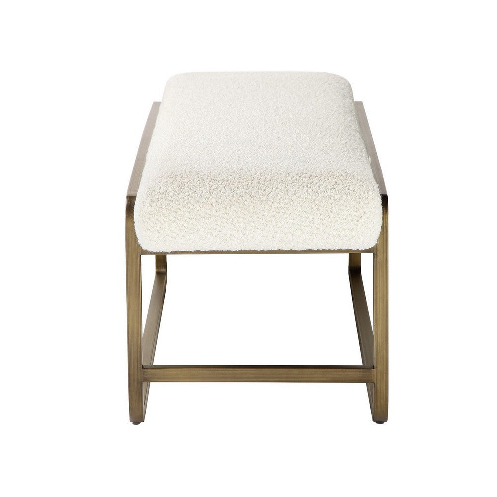 Benjara Loer 54 Inch Modern Accent Bench, Ivory Boucle Upholstery, Sled Brass Legs