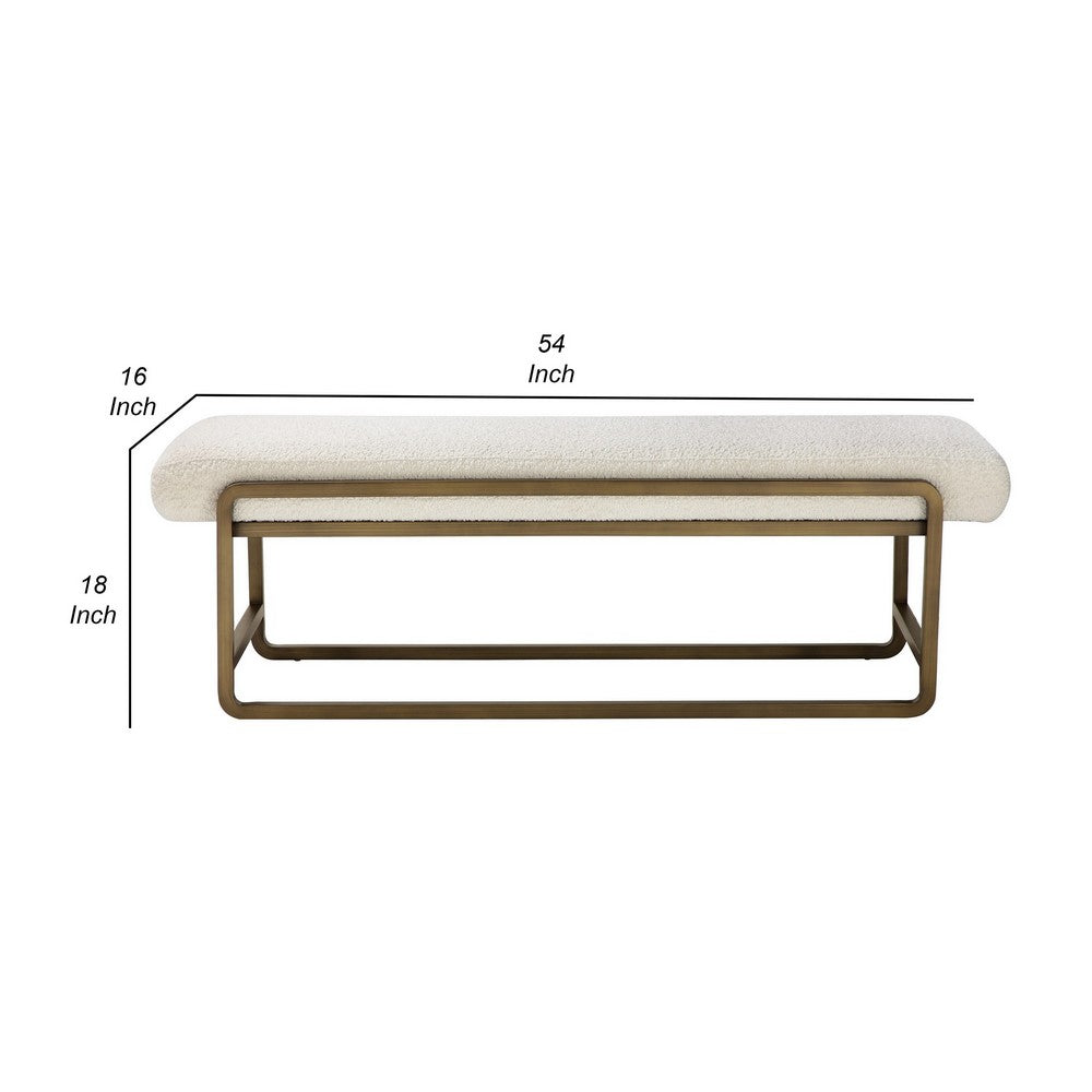 Benjara Loer 54 Inch Modern Accent Bench, Ivory Boucle Upholstery, Sled Brass Legs