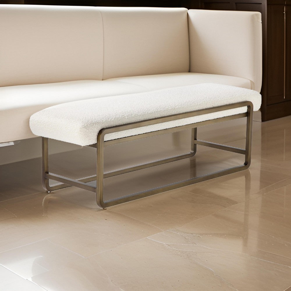 Benjara Loer 54 Inch Modern Accent Bench, Ivory Boucle Upholstery, Sled Brass Legs