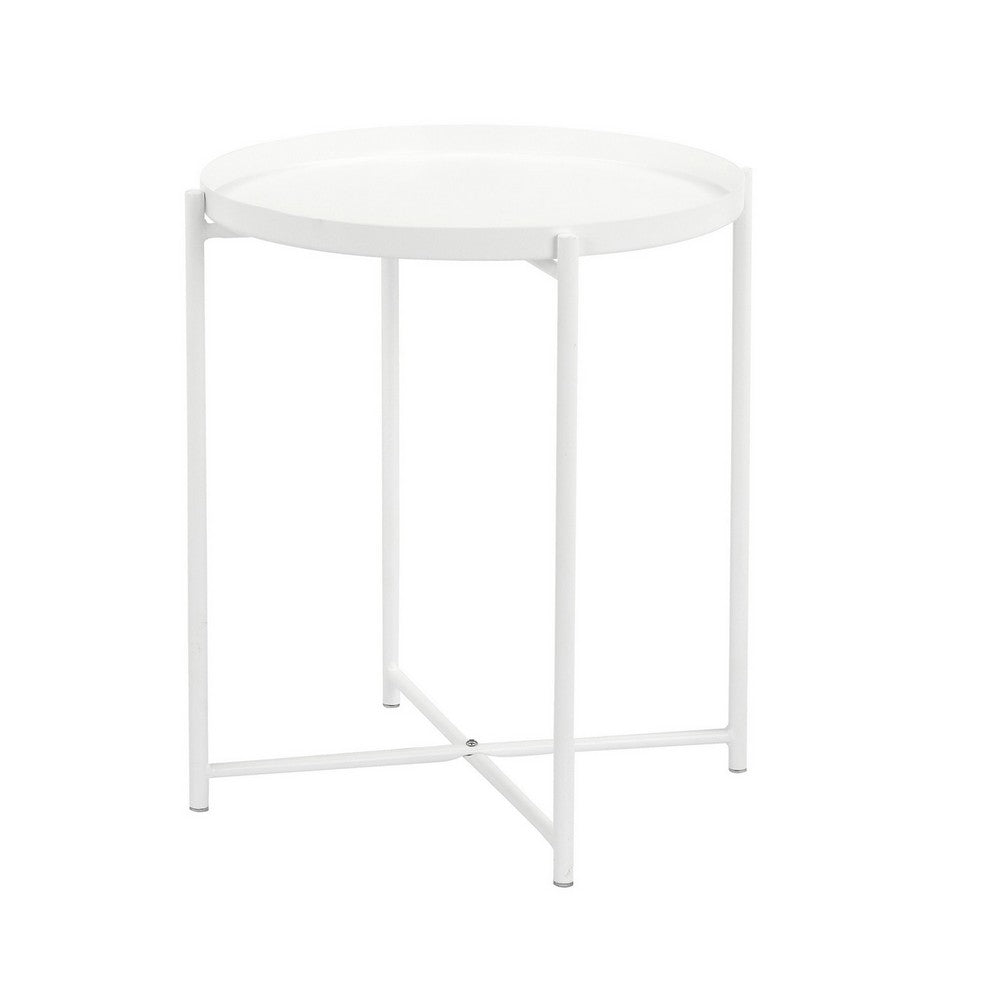 Benjara Ely 21 Inch Side End Table, White Round Tray Top, Modern Open Metal Frame
