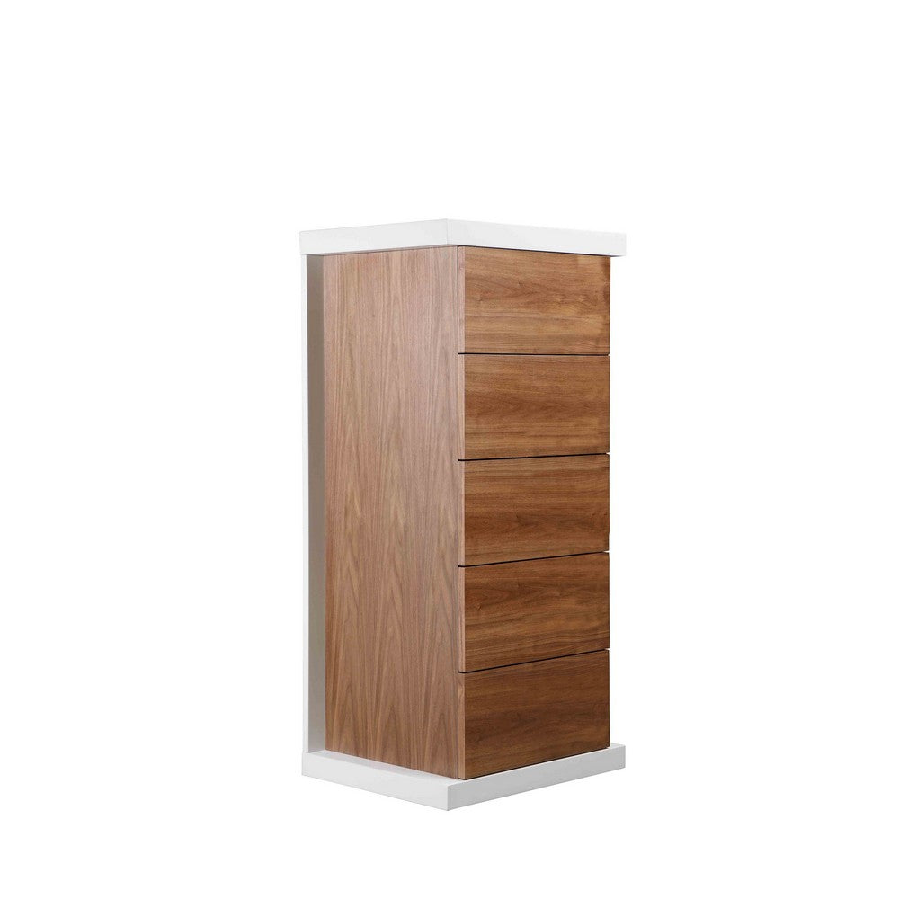 Benjara Gyn 47 Inch Tall Dresser Chest, 5 Drawers, Plinth Base, Walnut Brown, White