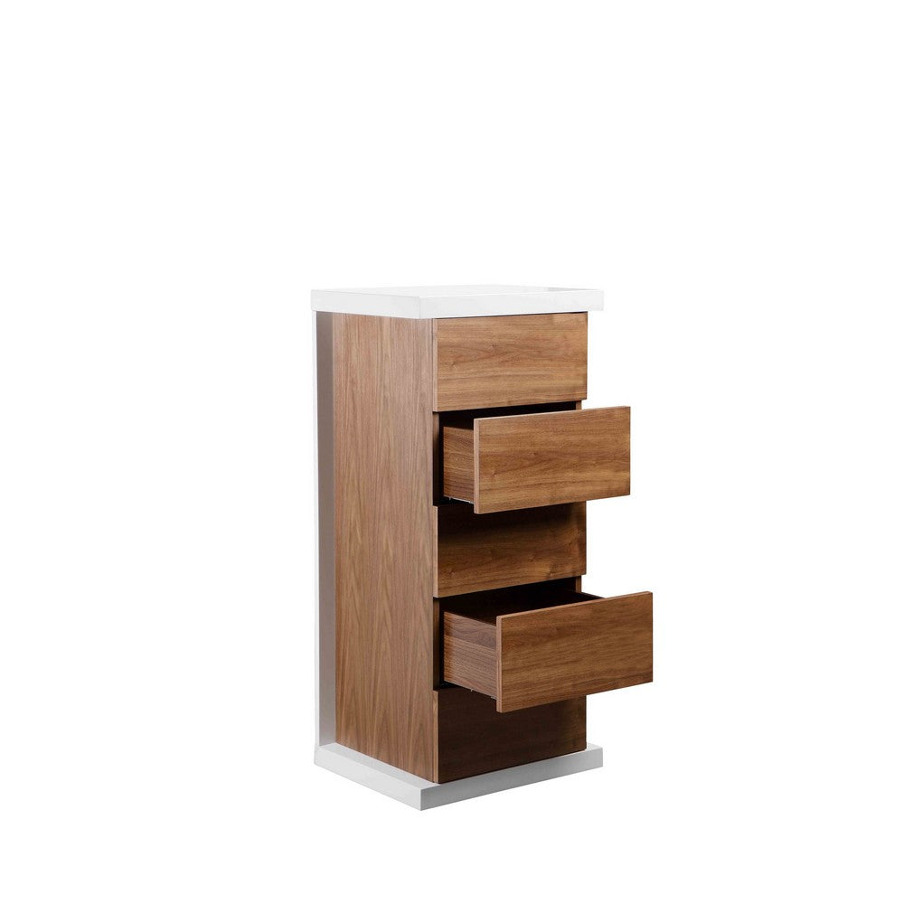 Benjara Gyn 47 Inch Tall Dresser Chest, 5 Drawers, Plinth Base, Walnut Brown, White
