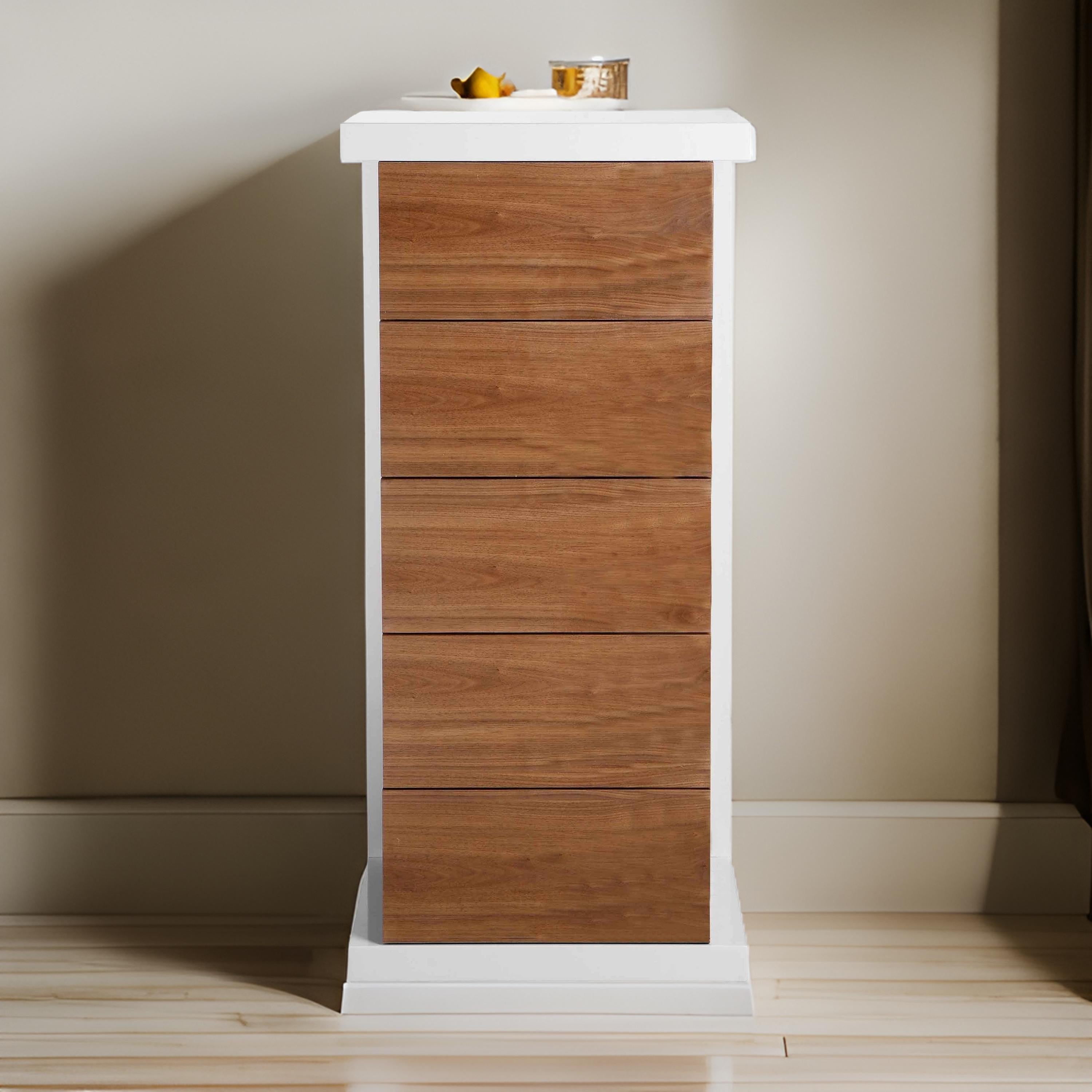 Benjara Gyn 47 Inch Tall Dresser Chest, 5 Drawers, Plinth Base, Walnut Brown, White