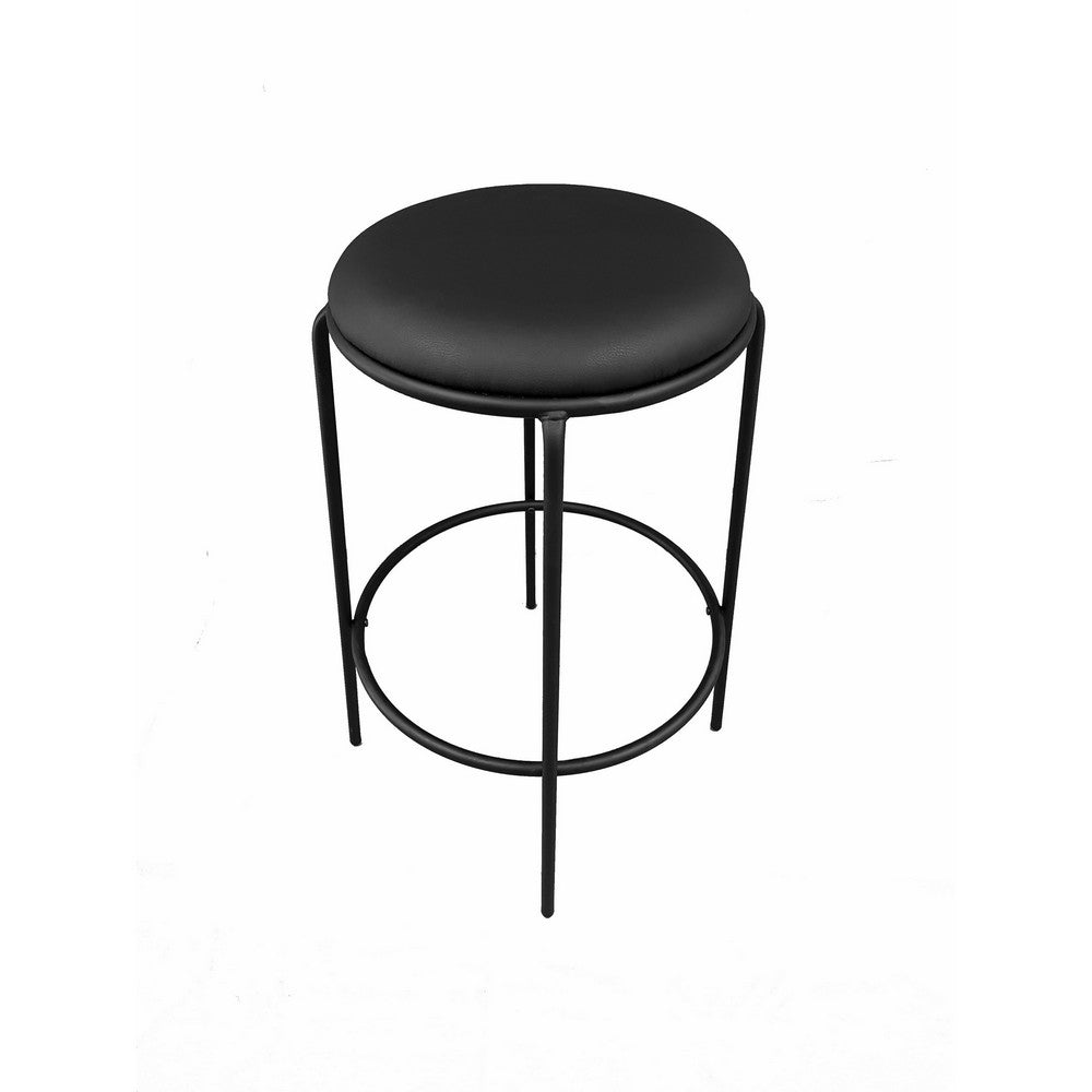 Benjara Neni 30 Inch Barstool Set of 2, Round Cushioned Seat, Black Faux Leather