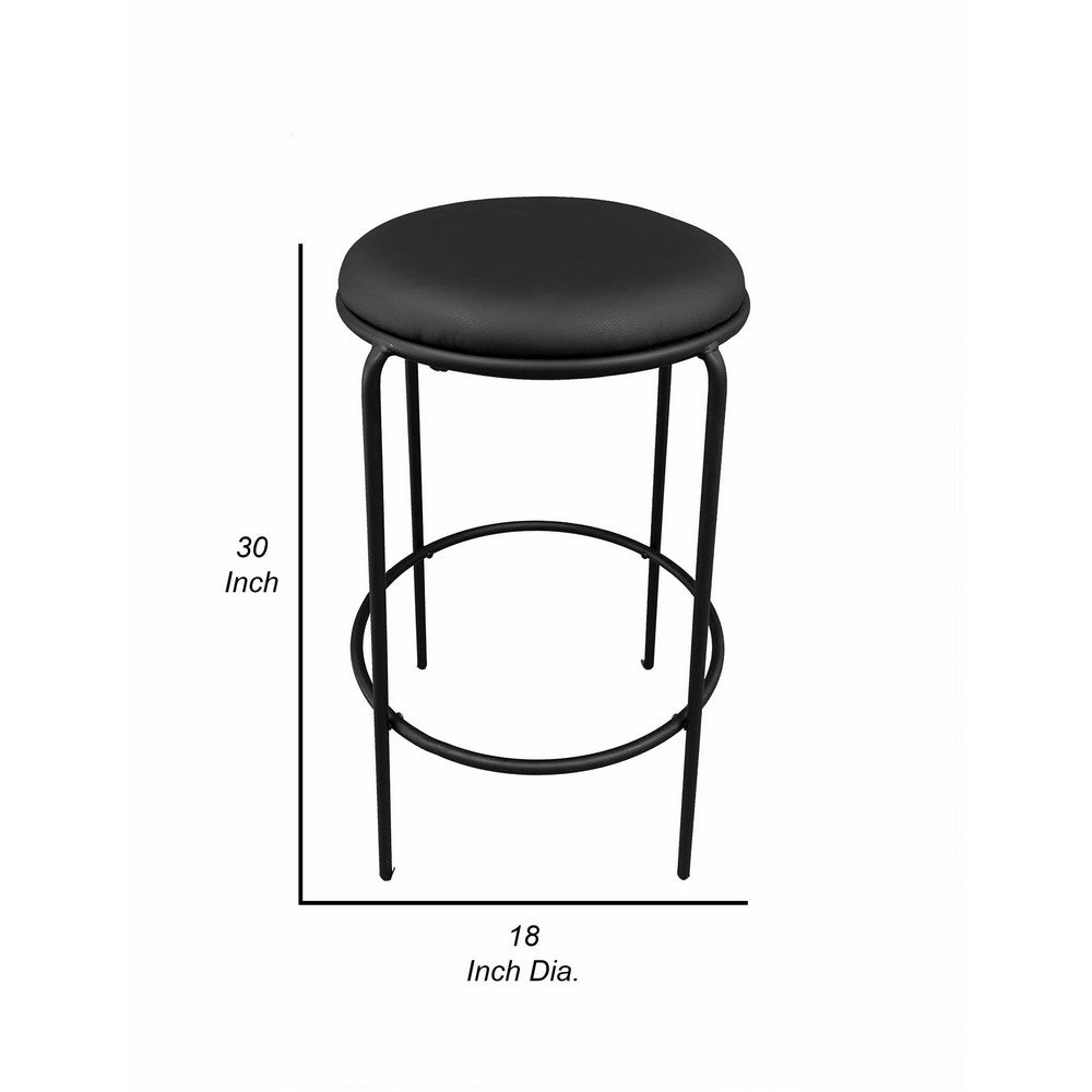 Benjara Neni 30 Inch Barstool Set of 2, Round Cushioned Seat, Black Faux Leather