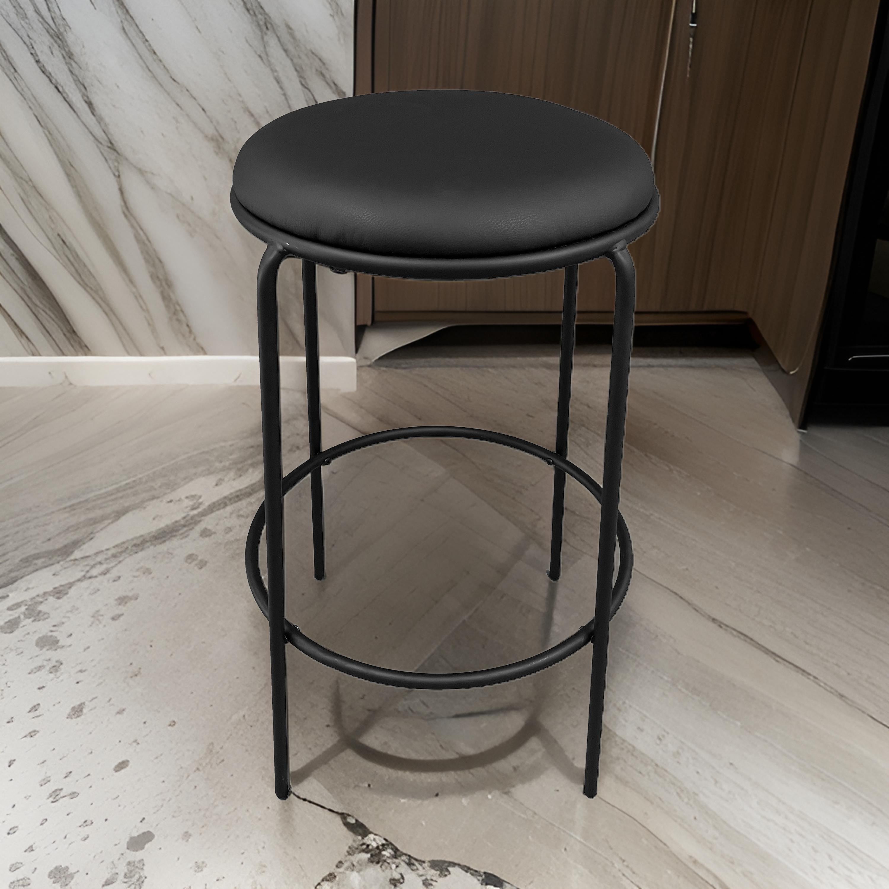 Benjara Neni 30 Inch Barstool Set of 2, Round Cushioned Seat, Black Faux Leather