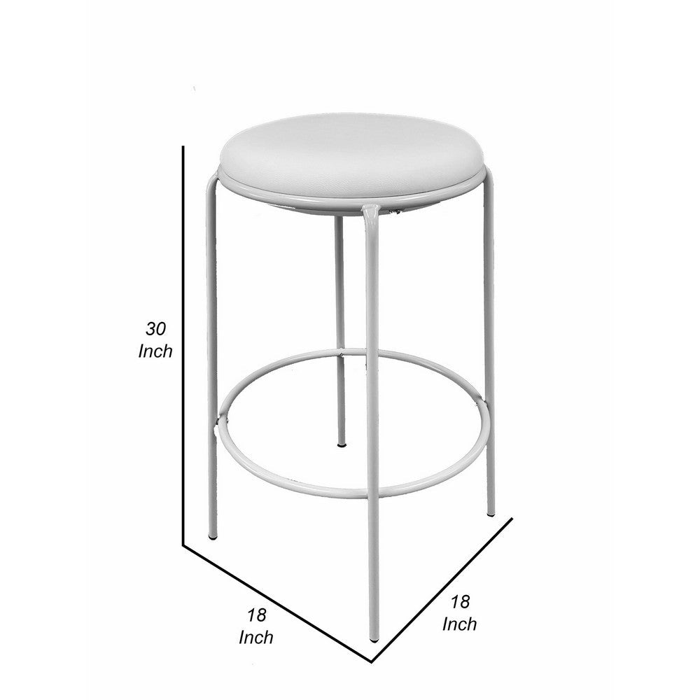 Benjara Neni 30 Inch Barstool Set of 2, Round Cushioned Seat, White Faux Leather