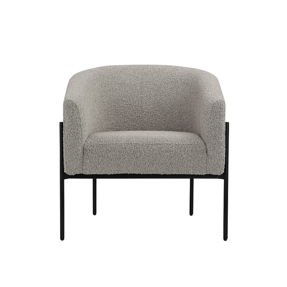 Benjara Mae 29 Inch Accent Armchair, Barrel, Gray Boucle Upholstery, Black Metal