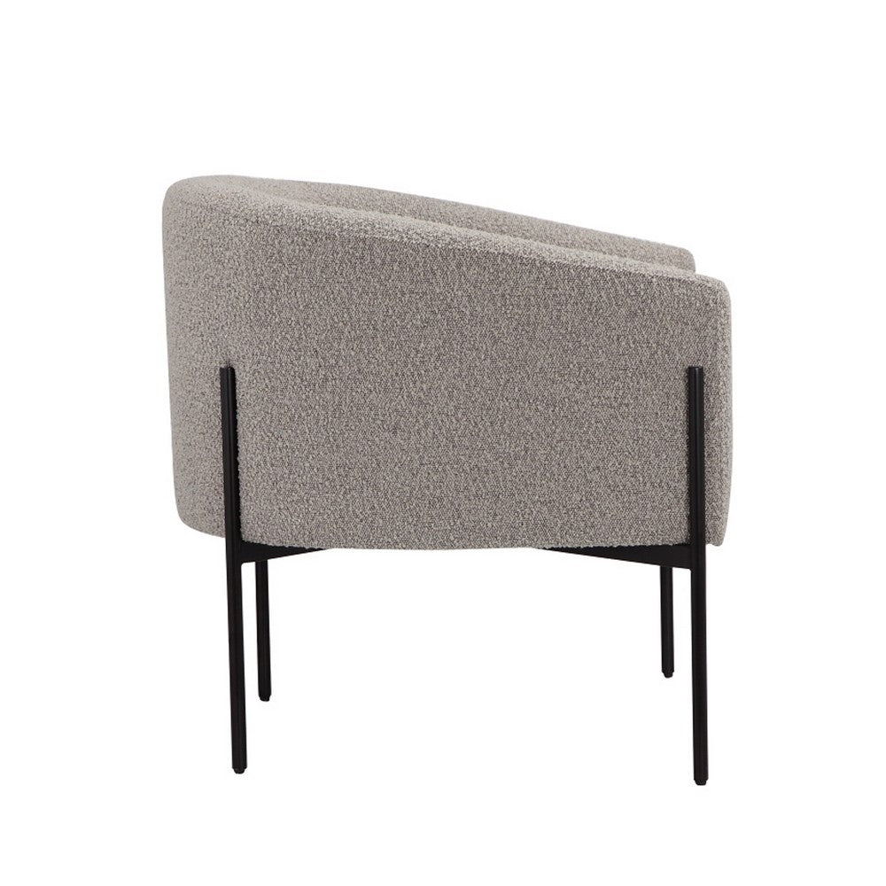 Benjara Mae 29 Inch Accent Armchair, Barrel, Gray Boucle Upholstery, Black Metal