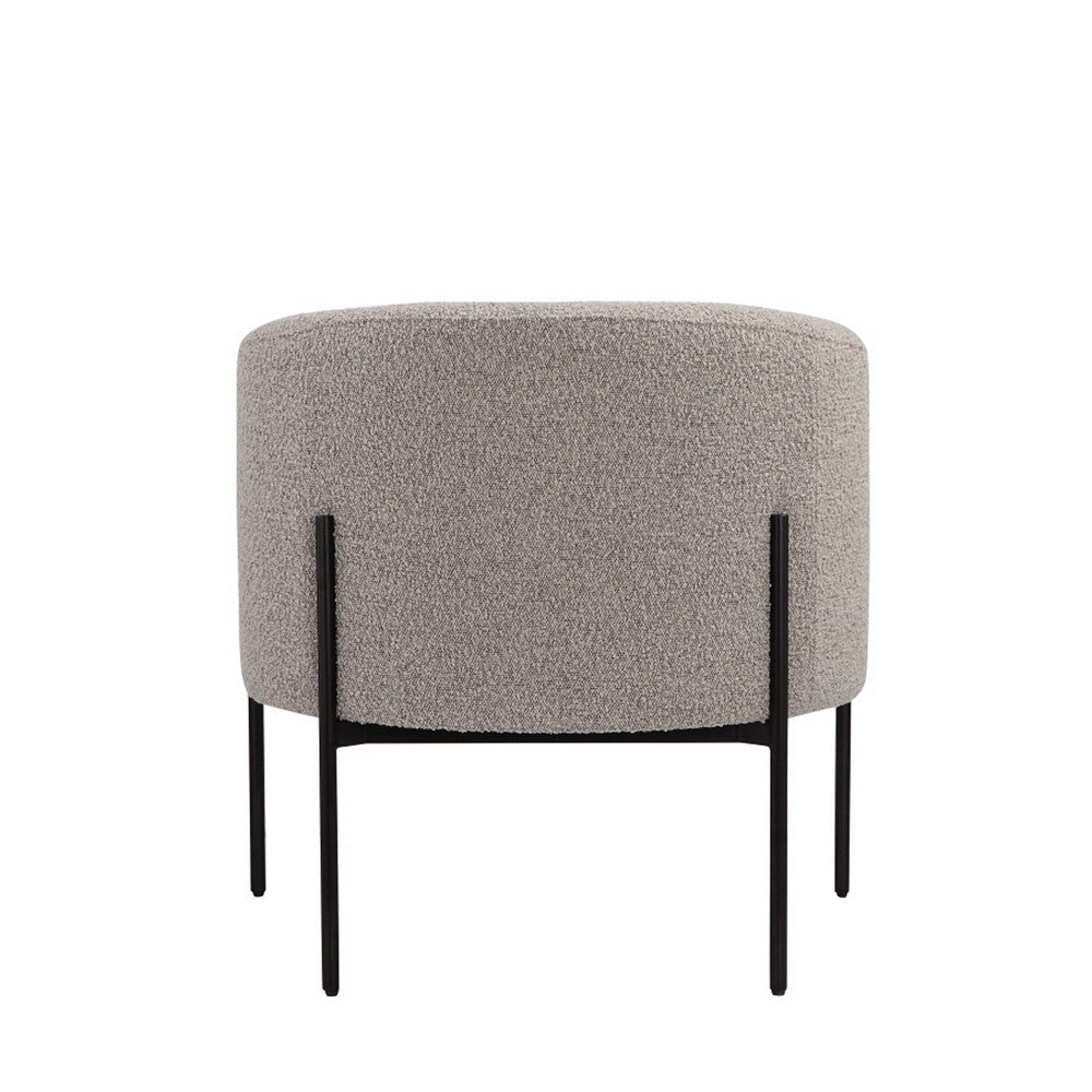 Benjara Mae 29 Inch Accent Armchair, Barrel, Gray Boucle Upholstery, Black Metal