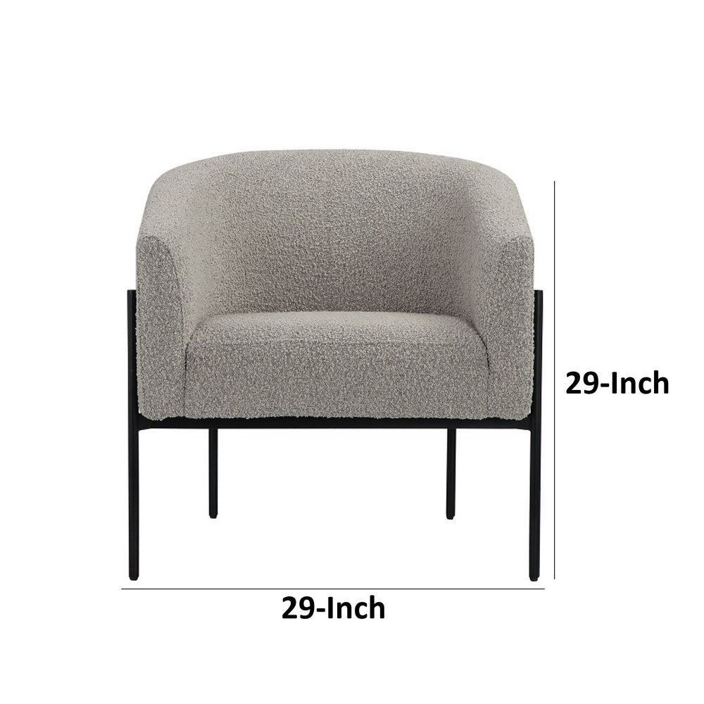 Benjara Mae 29 Inch Accent Armchair, Barrel, Gray Boucle Upholstery, Black Metal