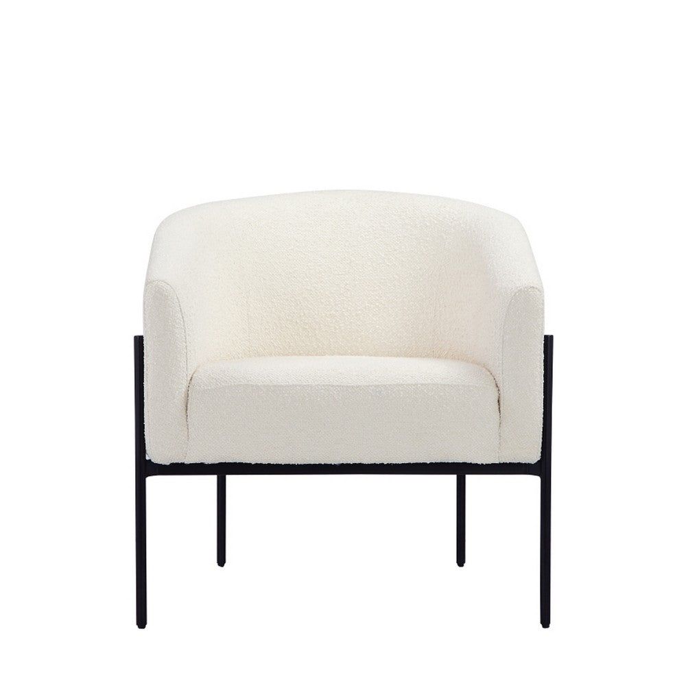 Benjara Mae 29 Inch Accent Armchair, Barrel, White Boucle Upholstery, Black Metal