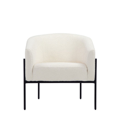 Benjara Mae 29 Inch Accent Armchair, Barrel, White Boucle Upholstery, Black Metal