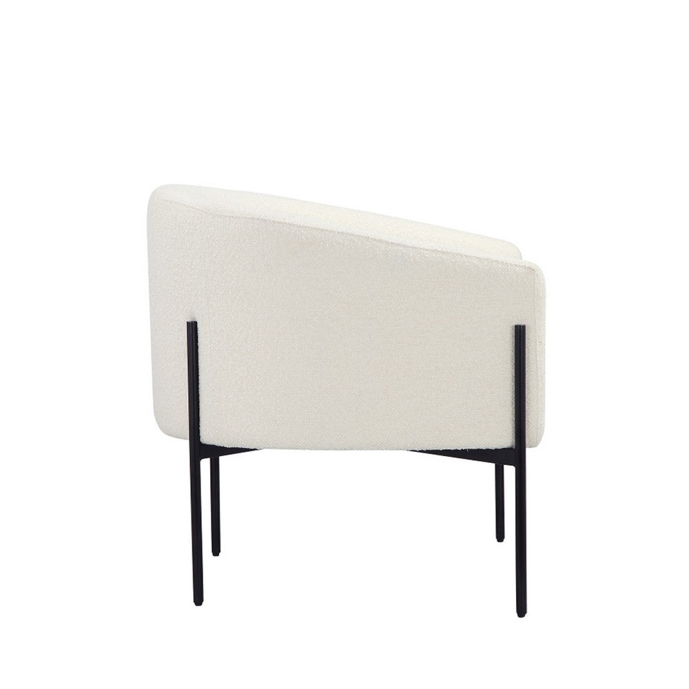 Benjara Mae 29 Inch Accent Armchair, Barrel, White Boucle Upholstery, Black Metal
