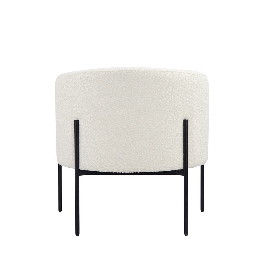 Benjara Mae 29 Inch Accent Armchair, Barrel, White Boucle Upholstery, Black Metal