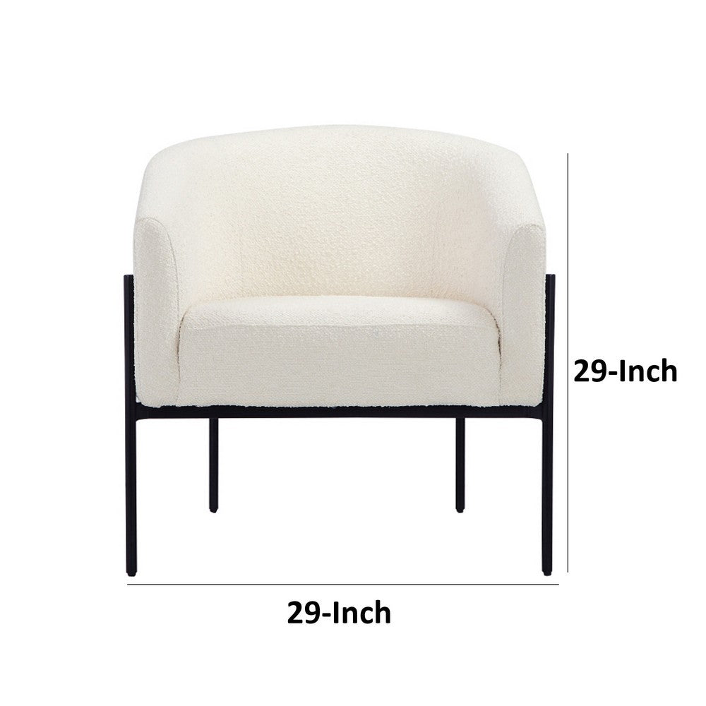 Benjara Mae 29 Inch Accent Armchair, Barrel, White Boucle Upholstery, Black Metal