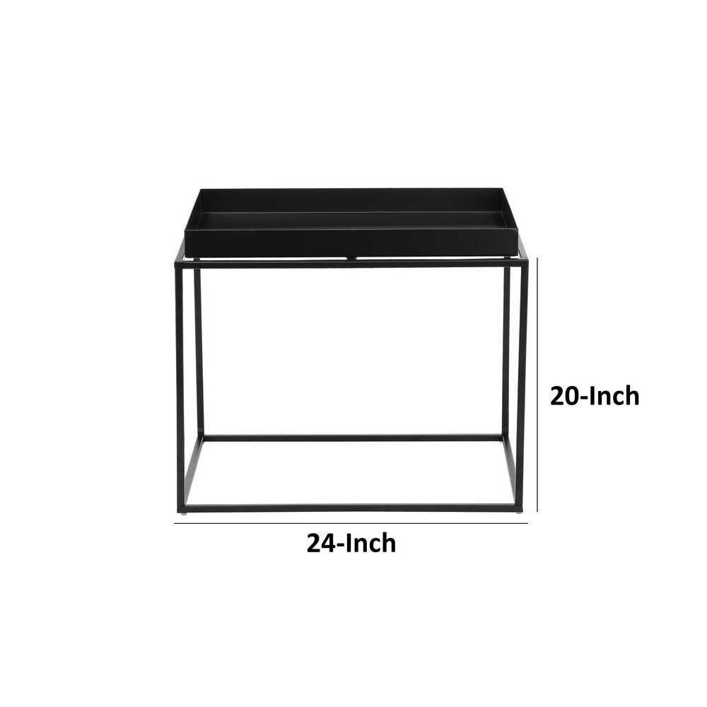 Benjara Bixy 24 Inch Side End Table, Black Tray Top, Open Cubic Metal Frame