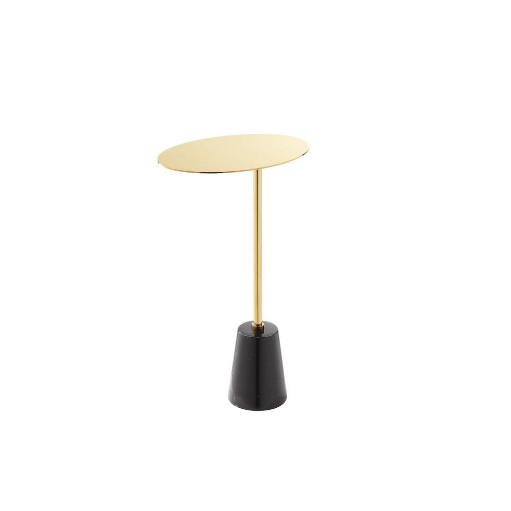 Benjara Frank 12 Inch Drink Side End Table, Gold Top, Black Marble Solid Cone Base