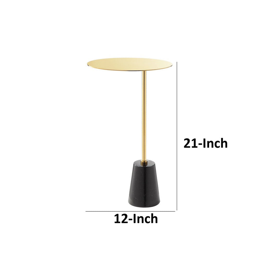 Benjara Frank 12 Inch Drink Side End Table, Gold Top, Black Marble Solid Cone Base