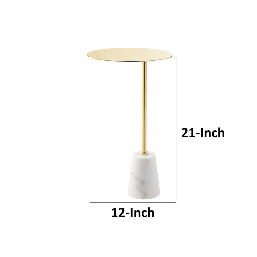 Benjara Frank 12 Inch Drink Side End Table, Gold Top, White Marble Solid Cone Base