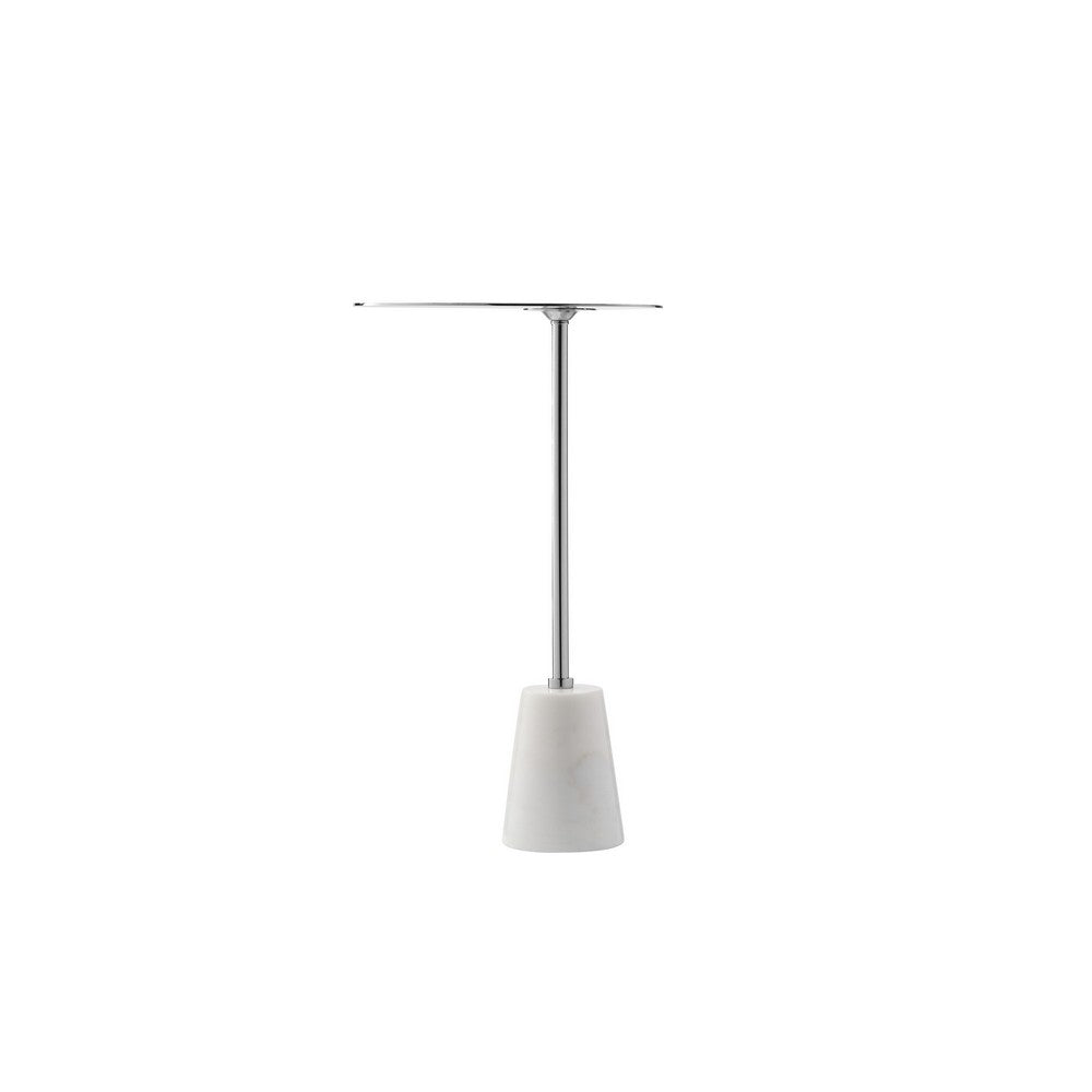 Benjara Frank 12 Inch Drink Side End Table, Chrome Top, White Marble Solid Base