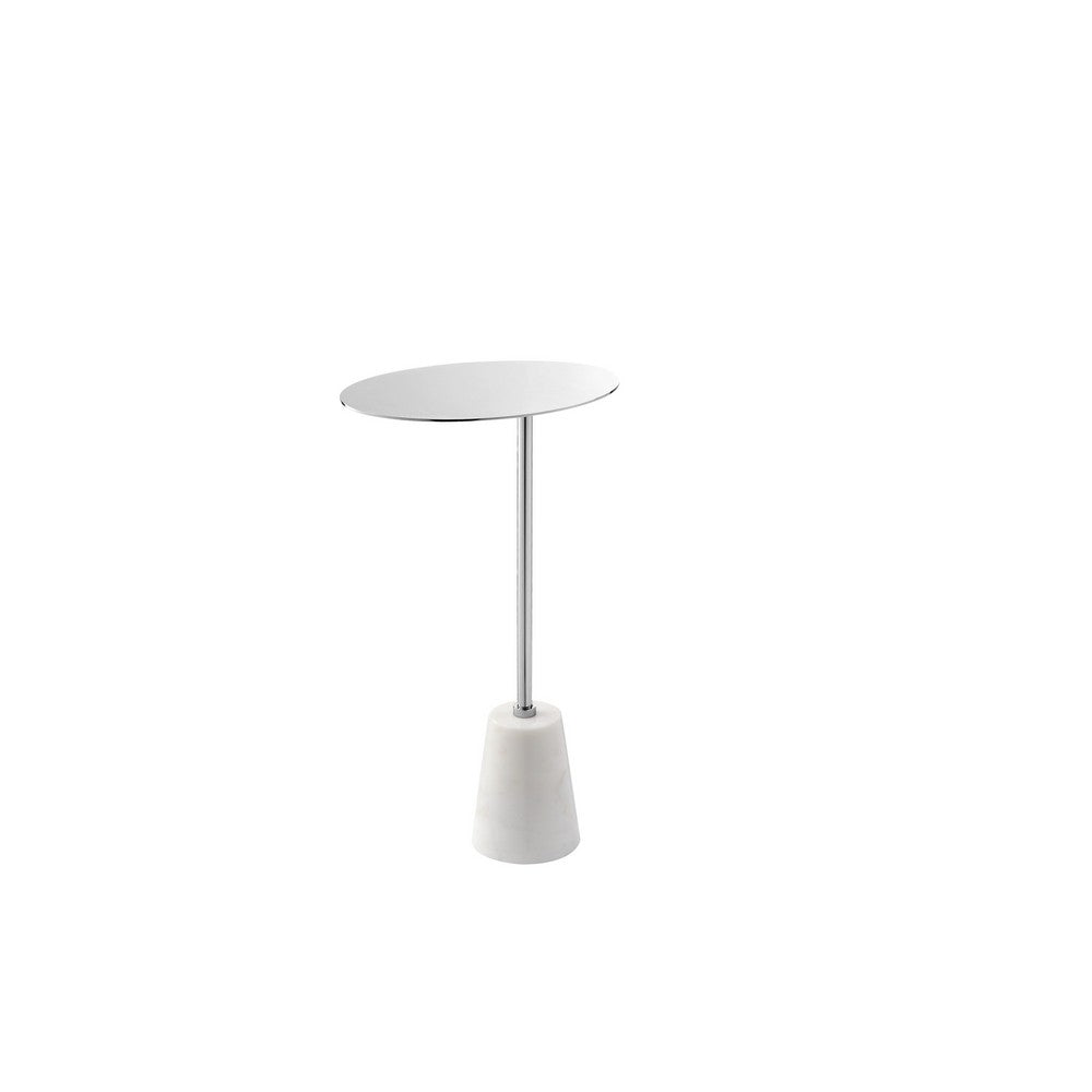 Benjara Frank 12 Inch Drink Side End Table, Chrome Top, White Marble Solid Base